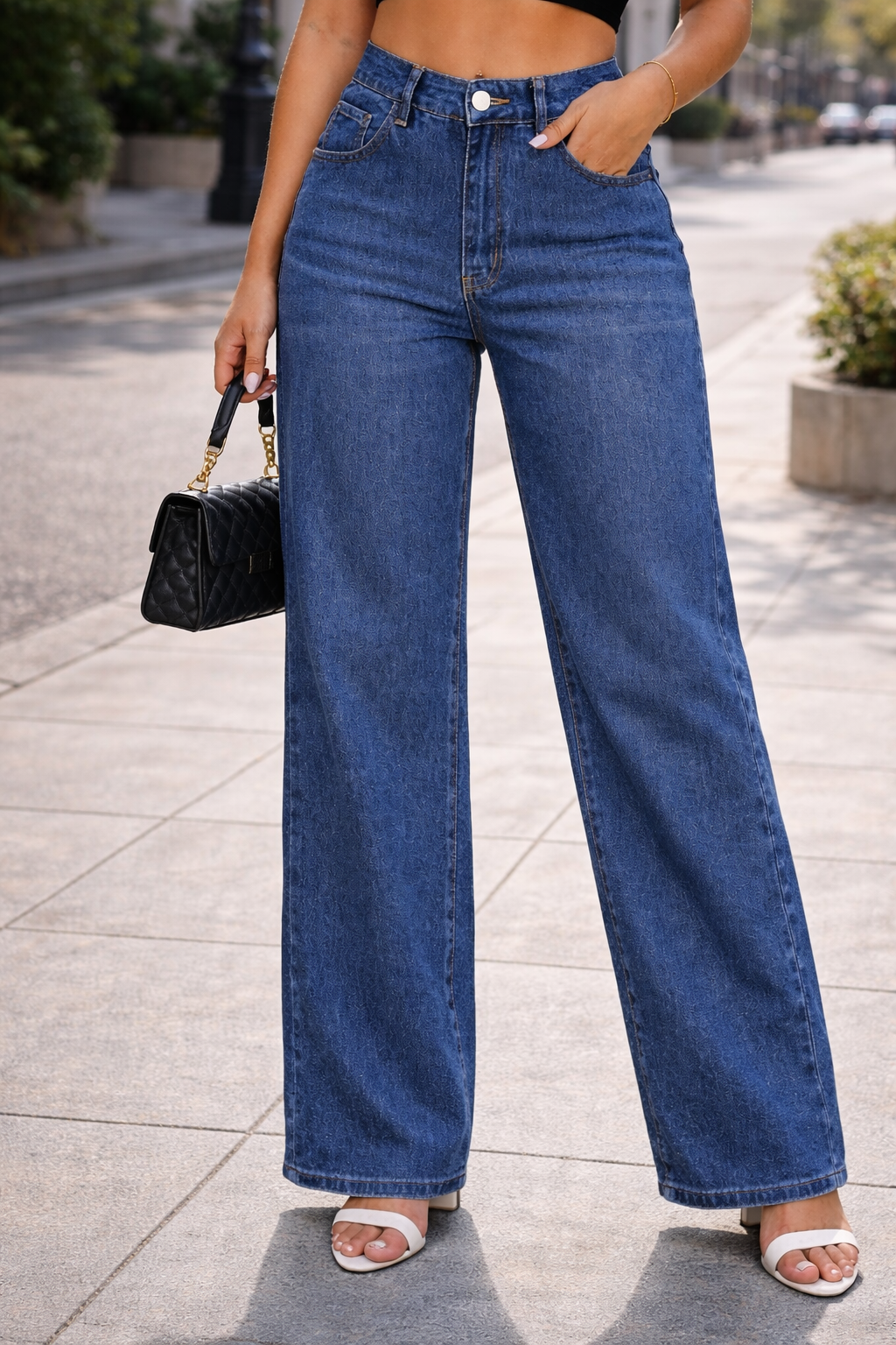 Wide Leg Wishker Stone Denim Jeans